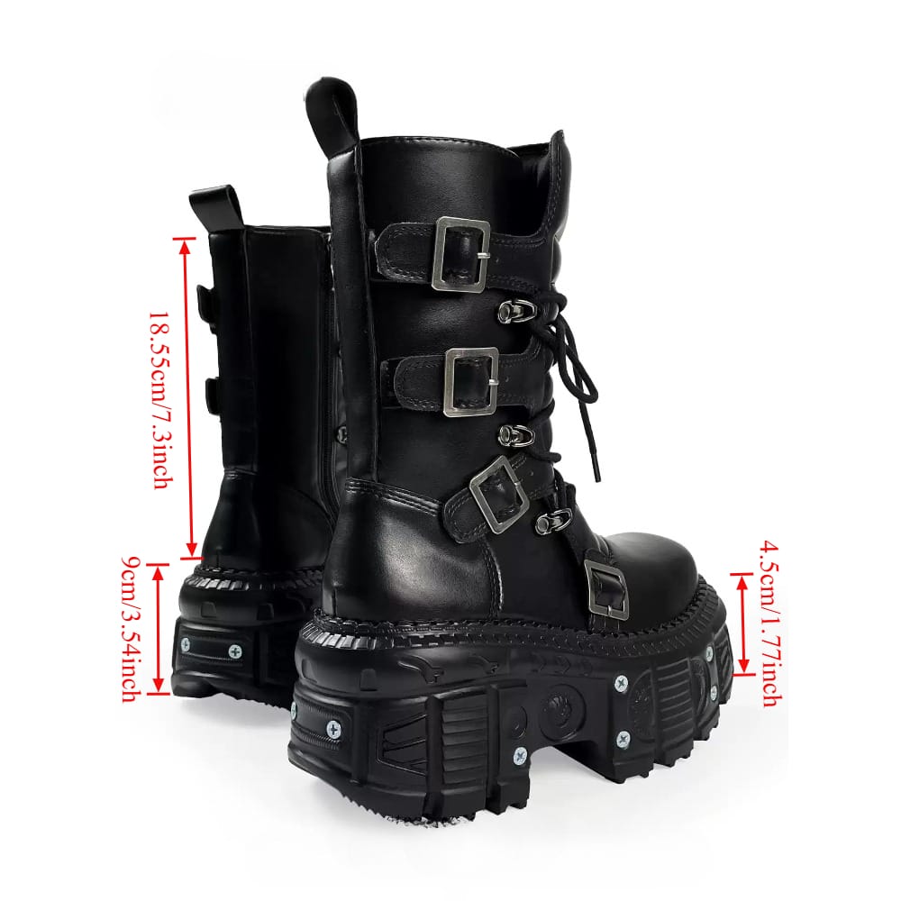 靴 multi-buckle stitched boots punk gurange Women's Punk Multi Buckle Strap Side Zipper Stacked Platform Boots
