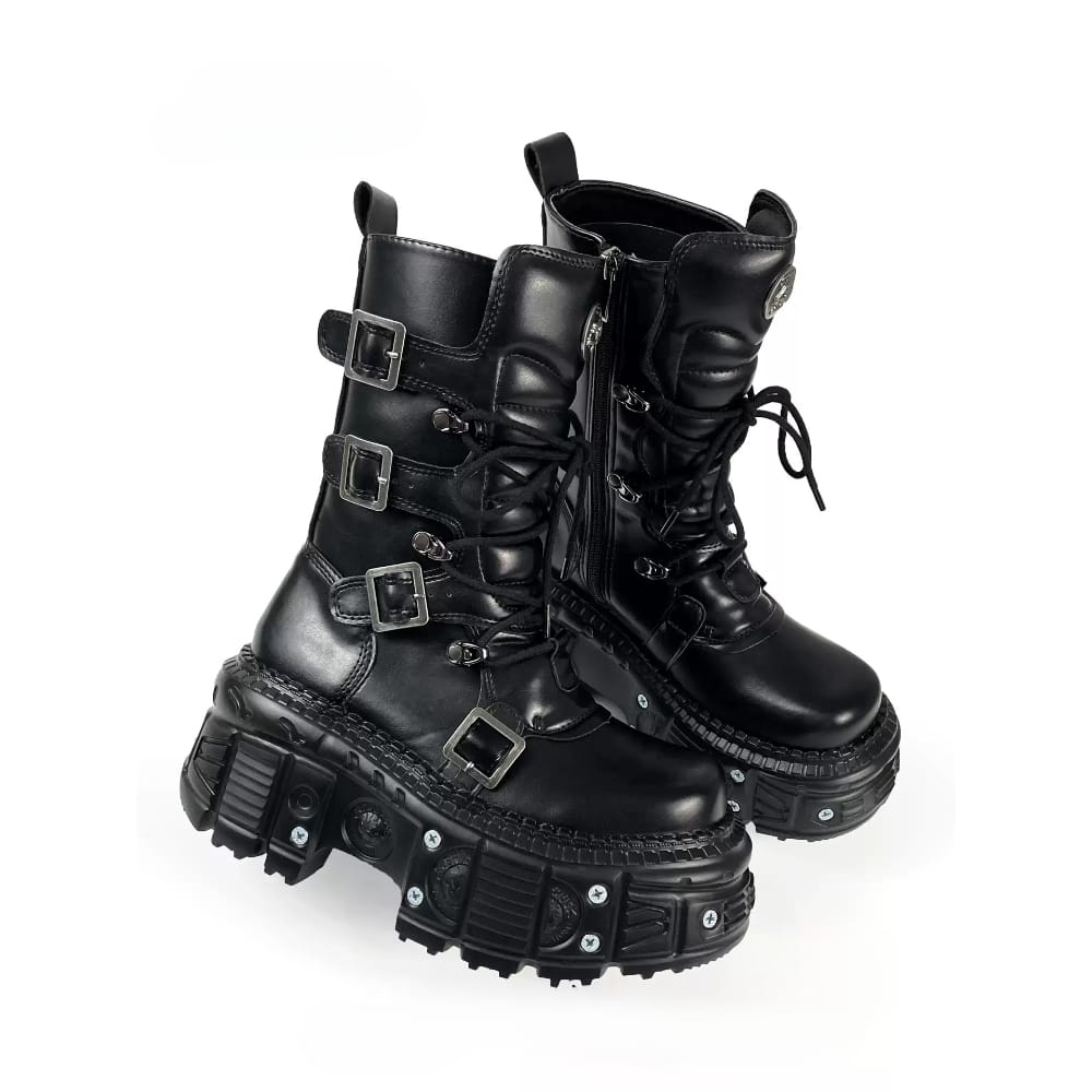 Kobine Women's Punk Multi Buckle Strap Side Zipper Stacked Platform Boots