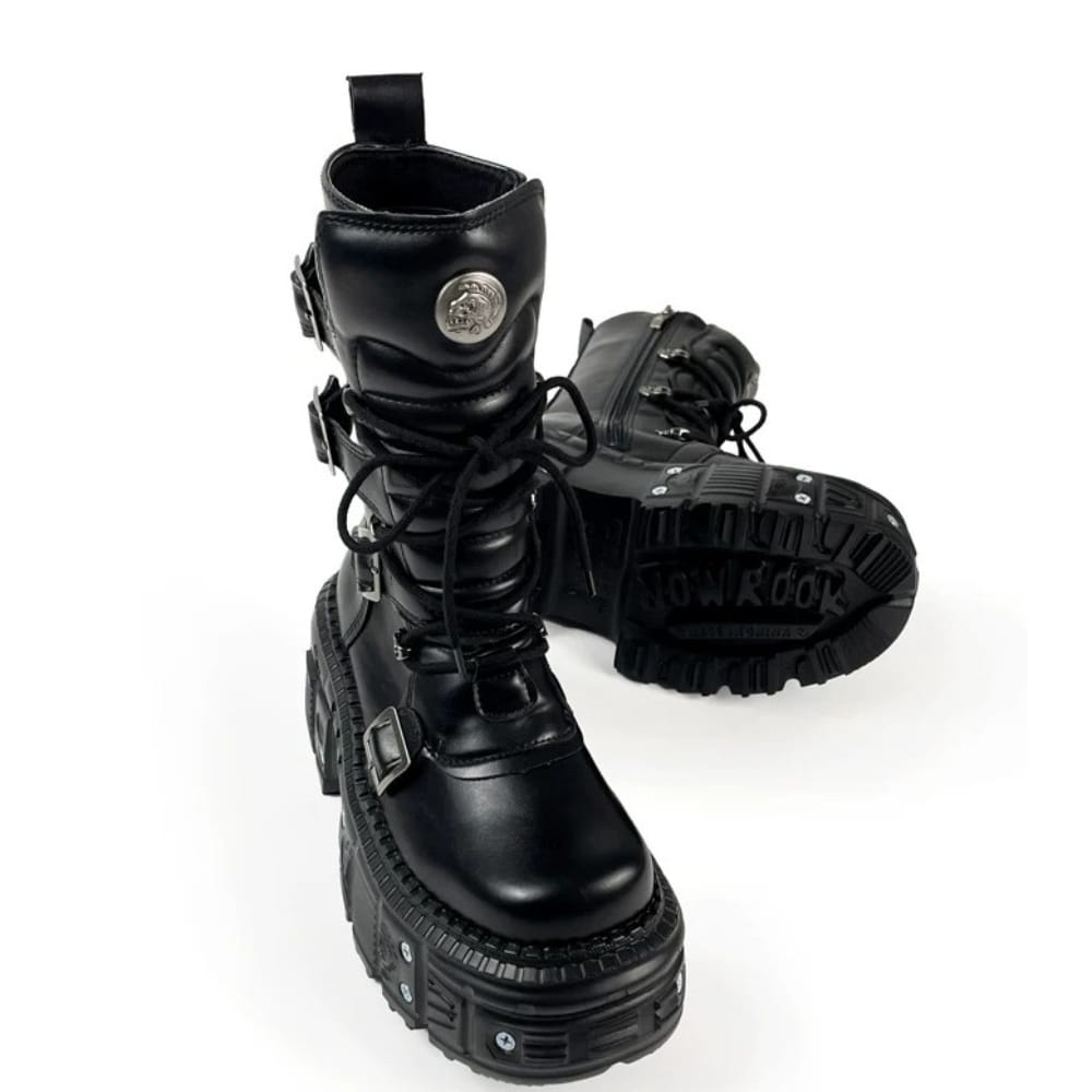 Women's Punk Multi Buckle Strap Side Zipper Stacked Platform Boots
