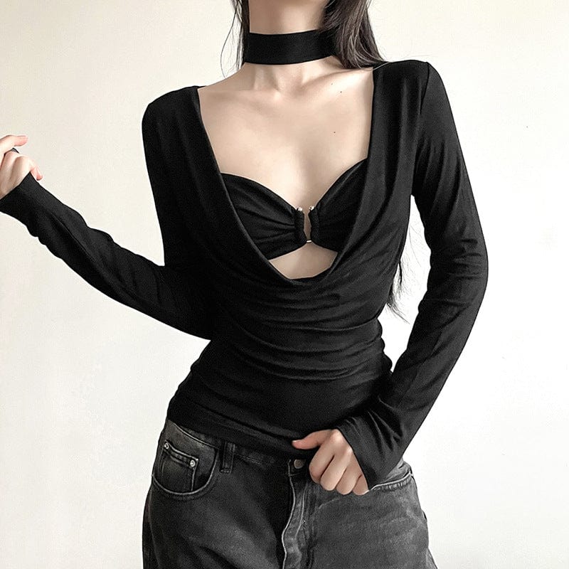 Women's Punk Plunging Long Sleeved Shirt with Bra and Choker – Punk Design