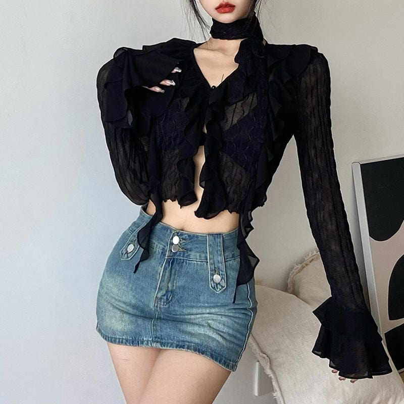 Women's Punk Plunging Long Sleeved Shirt with Bra and Choker – Punk Design