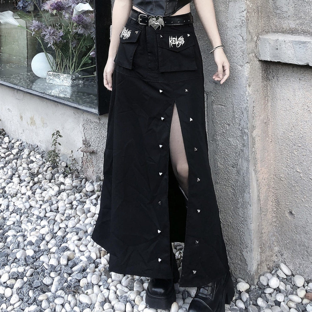 Kobine Women's Punk Rivet Slit Maxi Skirt