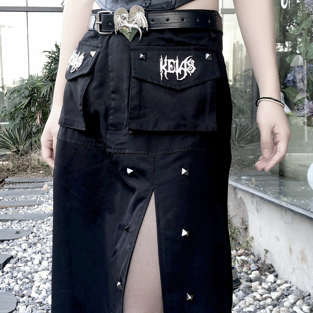 Kobine Women's Punk Rivet Slit Maxi Skirt