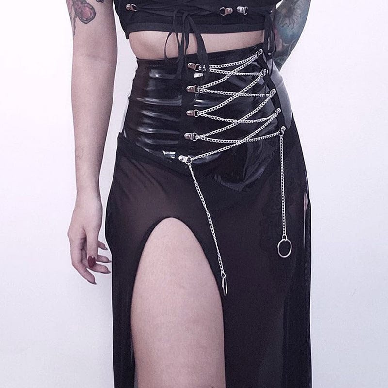 Kobine Women's Punk Side Slit Sheer Mesh Maxi Skirt