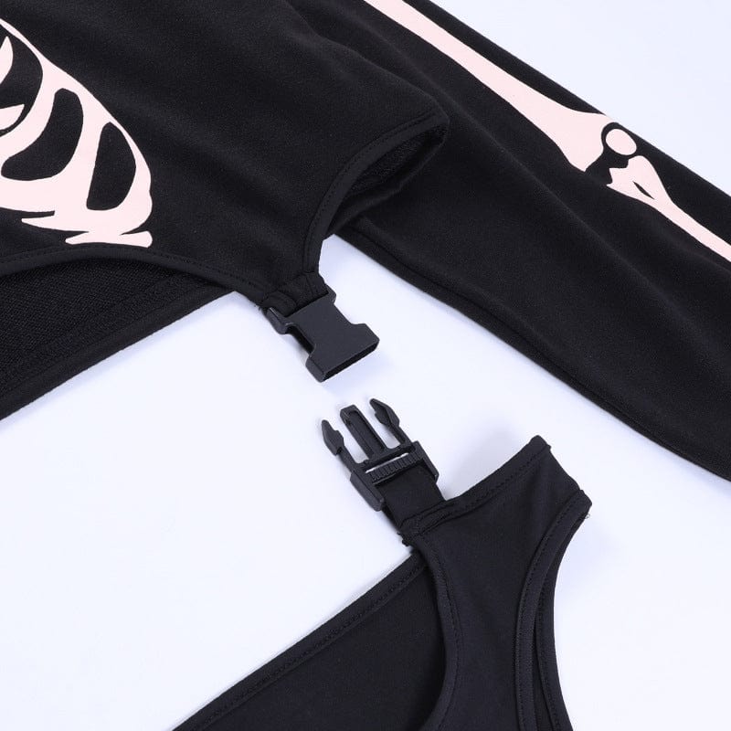 Kobine Women's Punk Skeleton Printed Detachable Bodysuit