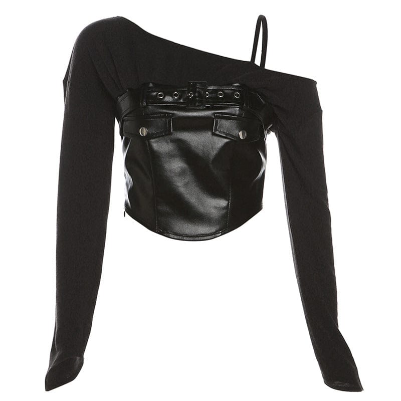Kobine Women's Punk Slash Shoulder Faux Leather Splice Crop Top
