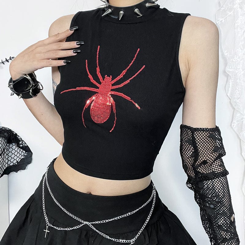 Kobine Women's Punk Spider Sequin Slim Fitted Tank Top