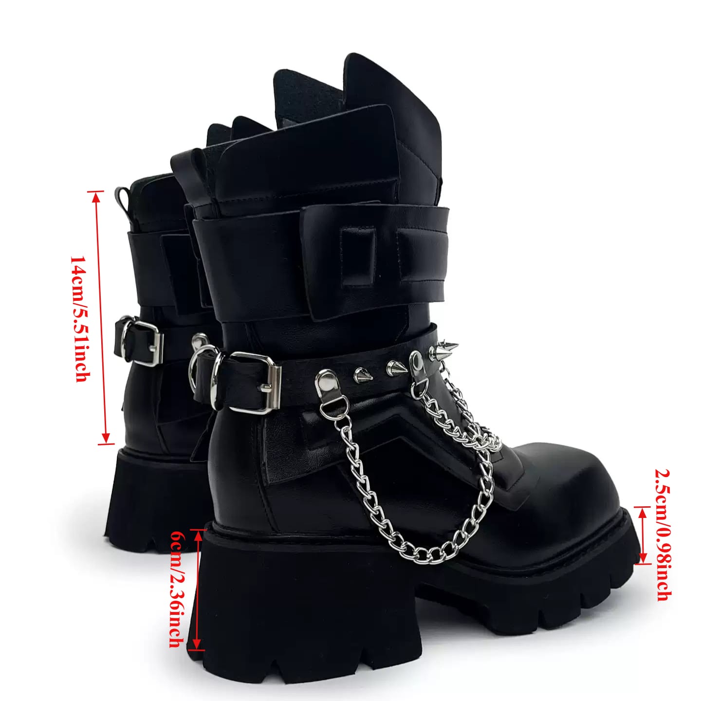 Kobine Women's Punk Spiked Chained Buckle Strap Square‑Toe Platform Block Heel Boots