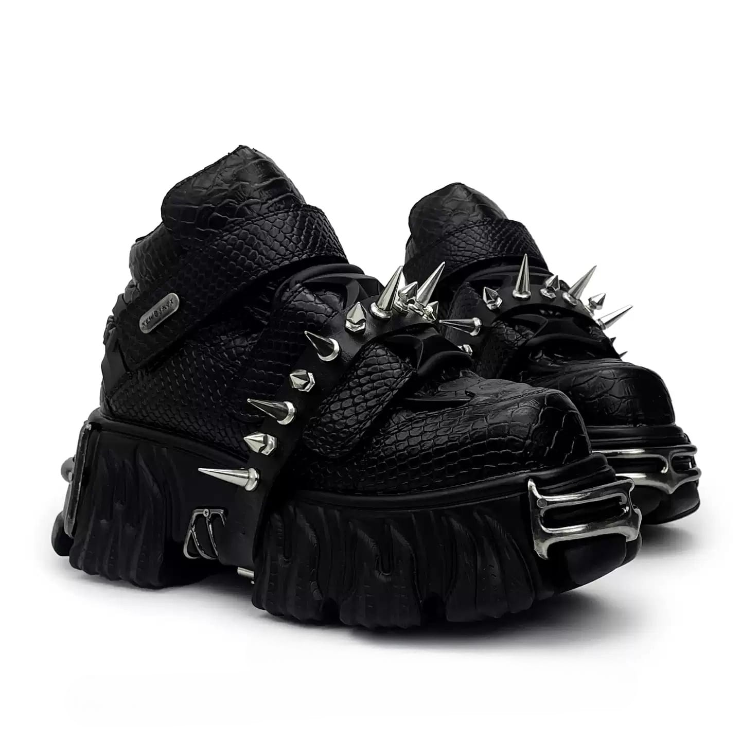 Kobine Women's Punk Spiked Strap Alligator Print Chunky Sole Shoes