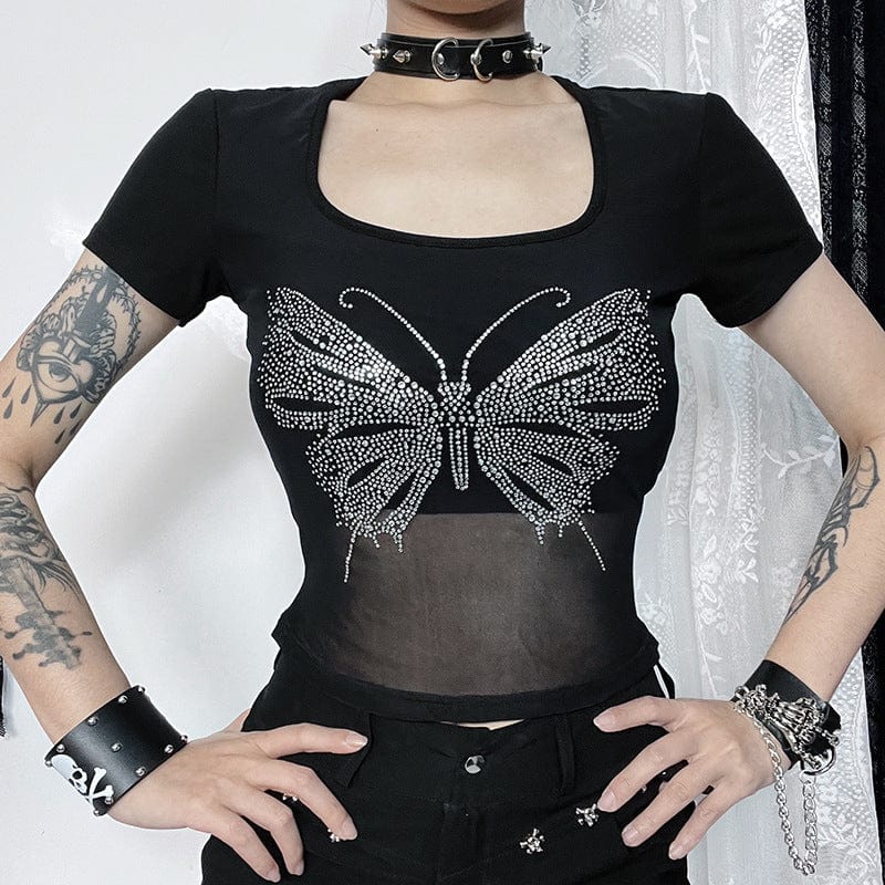Kobine Women's Punk Square-cut Collar Butterfly Rhinestone Shirt