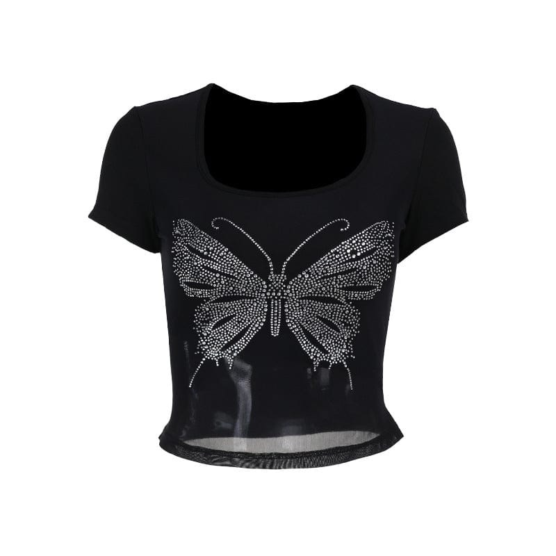 Kobine Women's Punk Square-cut Collar Butterfly Rhinestone Shirt