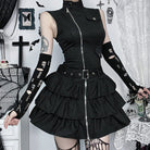 Kobine Women's Punk Stand Collar Zipper Layered Party Dress