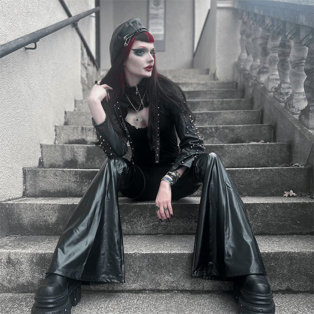 Kobine Women's Punk Strap Stud Zip Faux Leather Cape