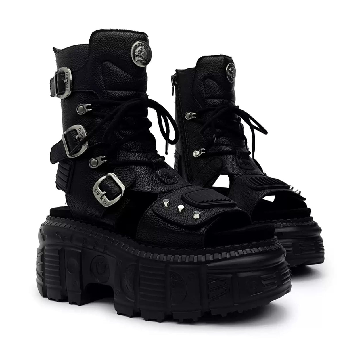 Kobine Women's Punk Studded Buckle Strap Cutout Open-Toe Platform Chunky Sole Sandal Boots