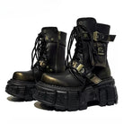 Kobine Women's Punk Studded Buckle‑Strap Lace‑up Platform Chunky Sole Ankle Boots