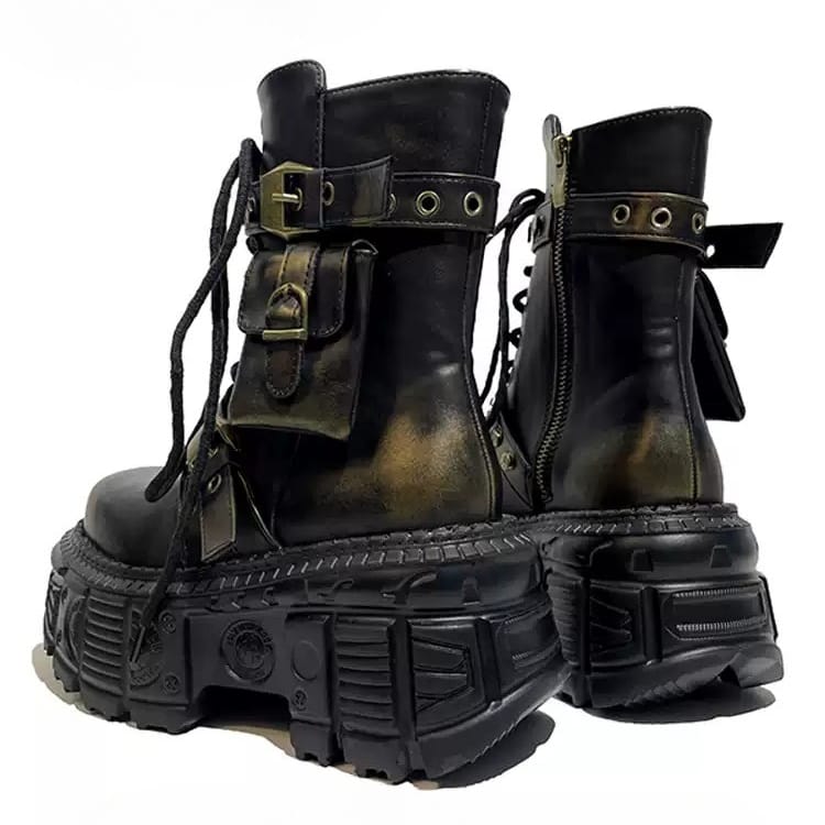 Kobine Women's Punk Studded Buckle‑Strap Lace‑up Platform Chunky Sole Ankle Boots