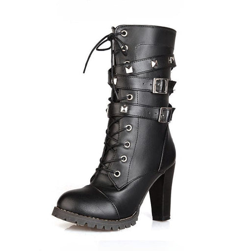 Kobine Women's Punk Studded Lace-up Heel Boots