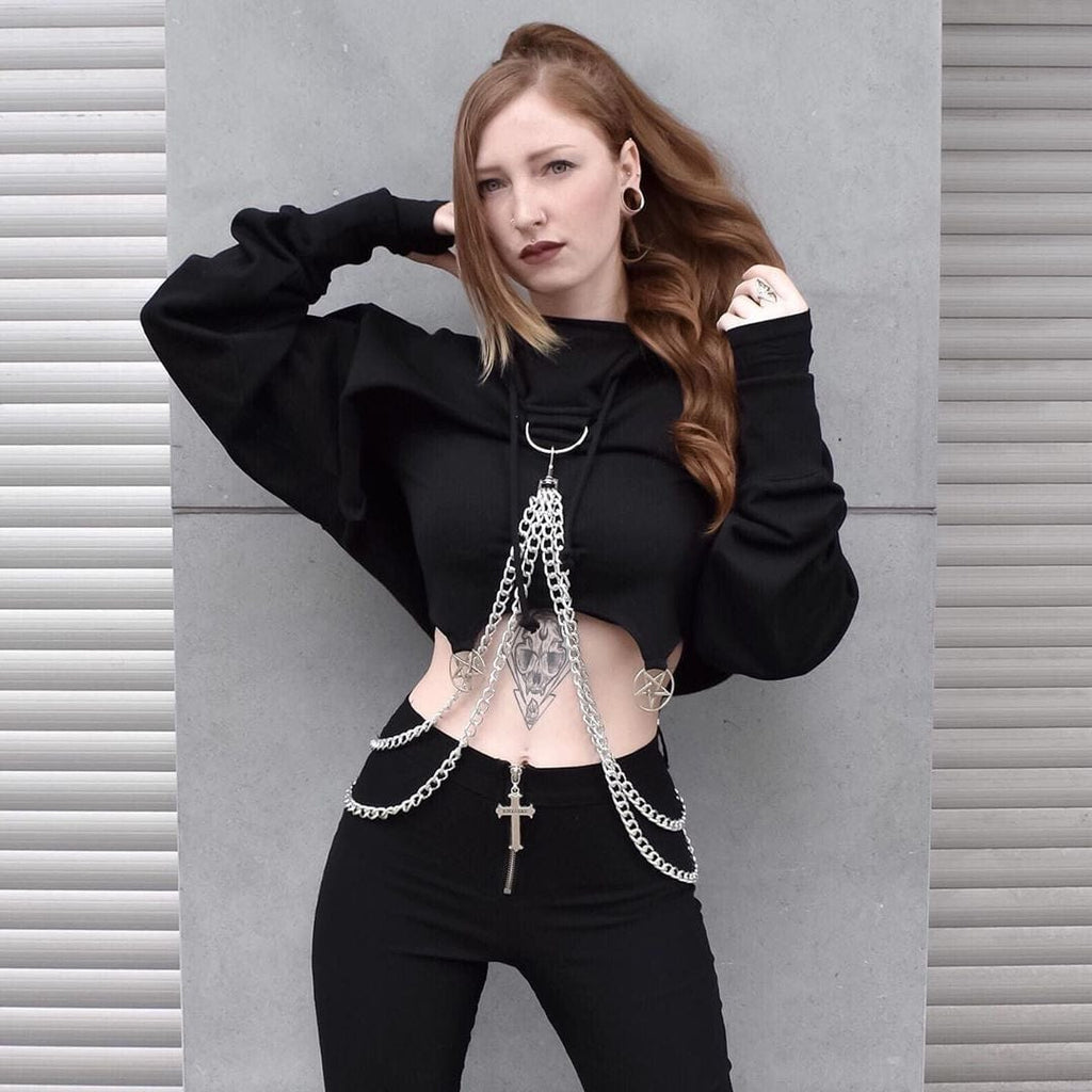 Kobine Women's Punk Suspender Black Cropped Hoodies