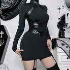 Kobine Women's Punk Turtleneck Faux Leather Strap Splice Dress