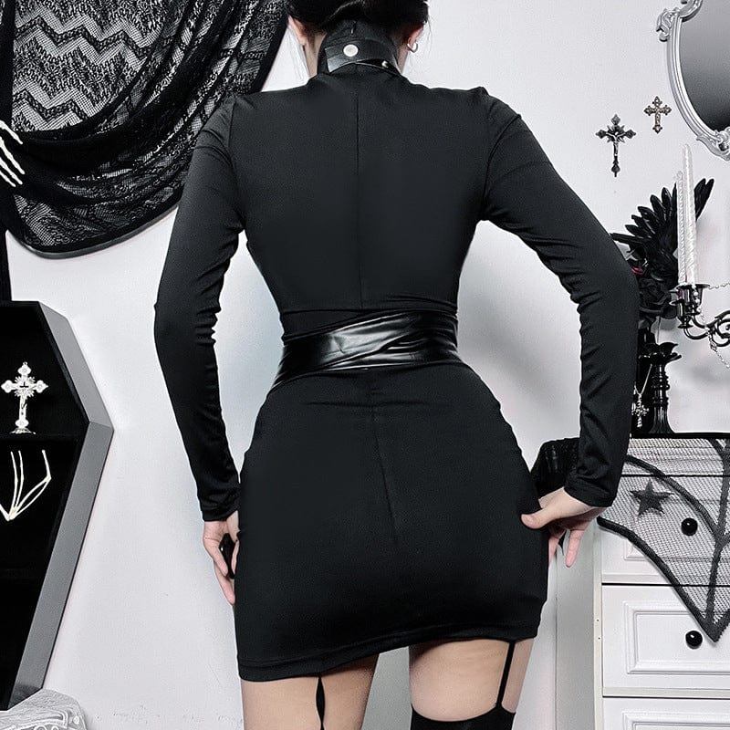 Kobine Women's Punk Turtleneck Faux Leather Strap Splice Dress