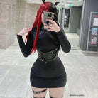 Kobine Women's Punk Turtleneck Faux Leather Strap Splice Dress