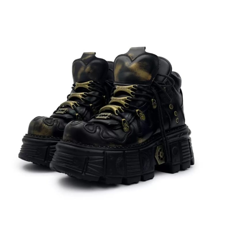 Kobine Women's Punk Two‑Tone Lace-up Round‑Toe Platform Chunky Sole Shoes