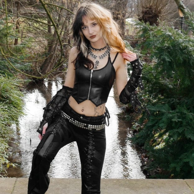 Kobine Damen Punk Reißverschluss Neckholder Kunstleder Bustier