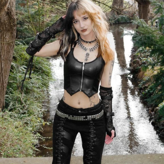 Kobine Damen Punk Reißverschluss Neckholder Kunstleder Bustier