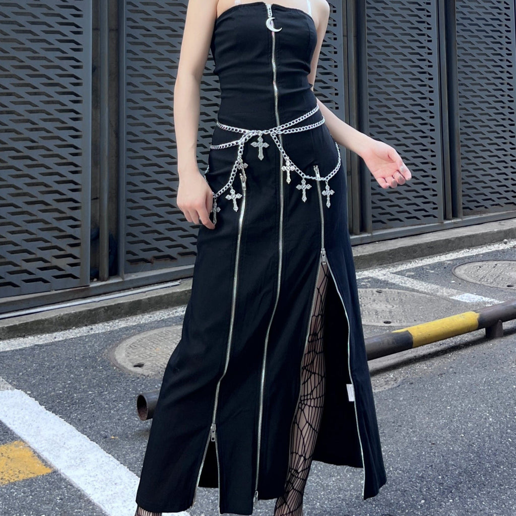 Kobine Women's Punk Zipper Split Dress with Cross Chain