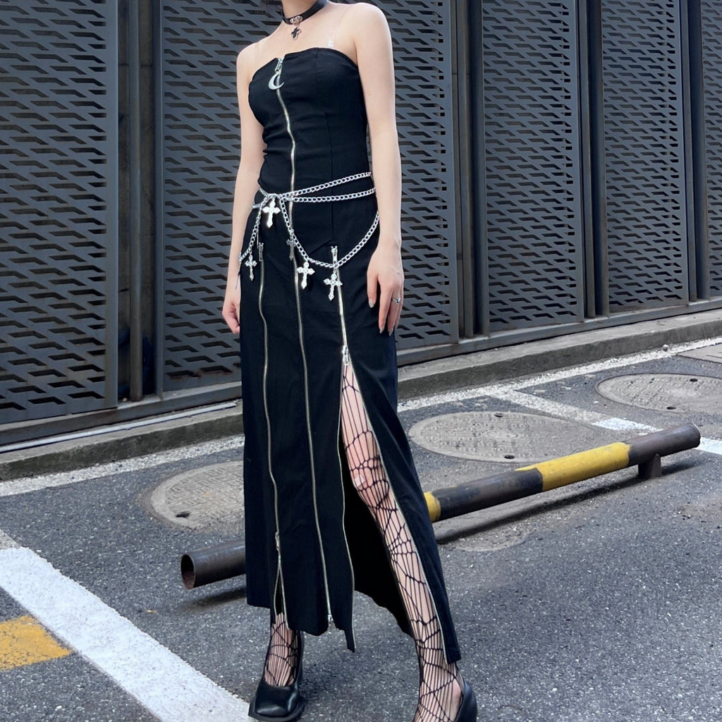 Kobine Women's Punk Zipper Split Dress with Cross Chain