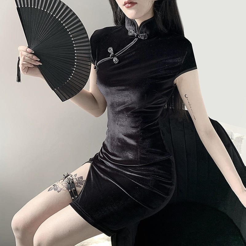 Kobine Women's Slit Cheongsam Velvet Sneath Dresses