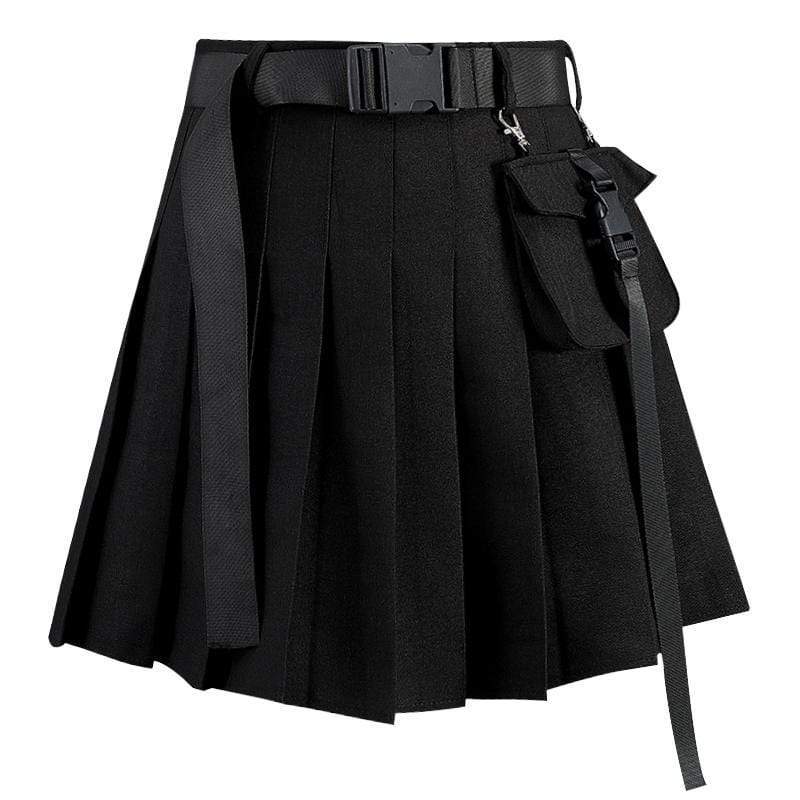 KOBINE Women's Solid Color Pocket Pleated Skirts With Belt