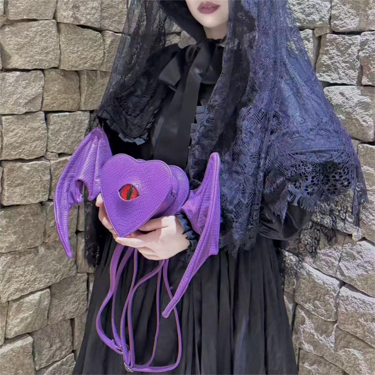 Nothing Here Women's Gothic Devil Eye Bat Wing Heart Bag Purple