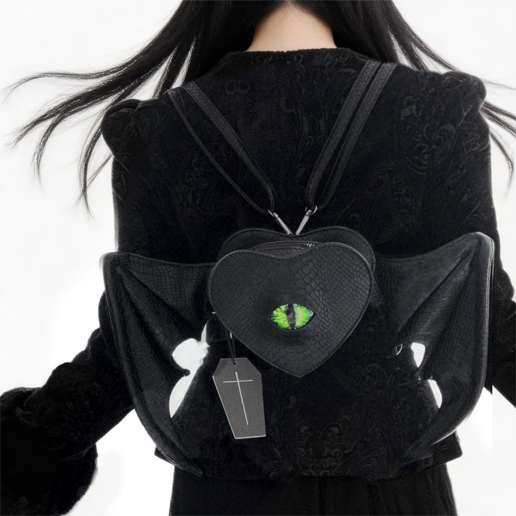 Nothing Here Women's Gothic Green Devil Eye Bat Wing Heart Bag Black