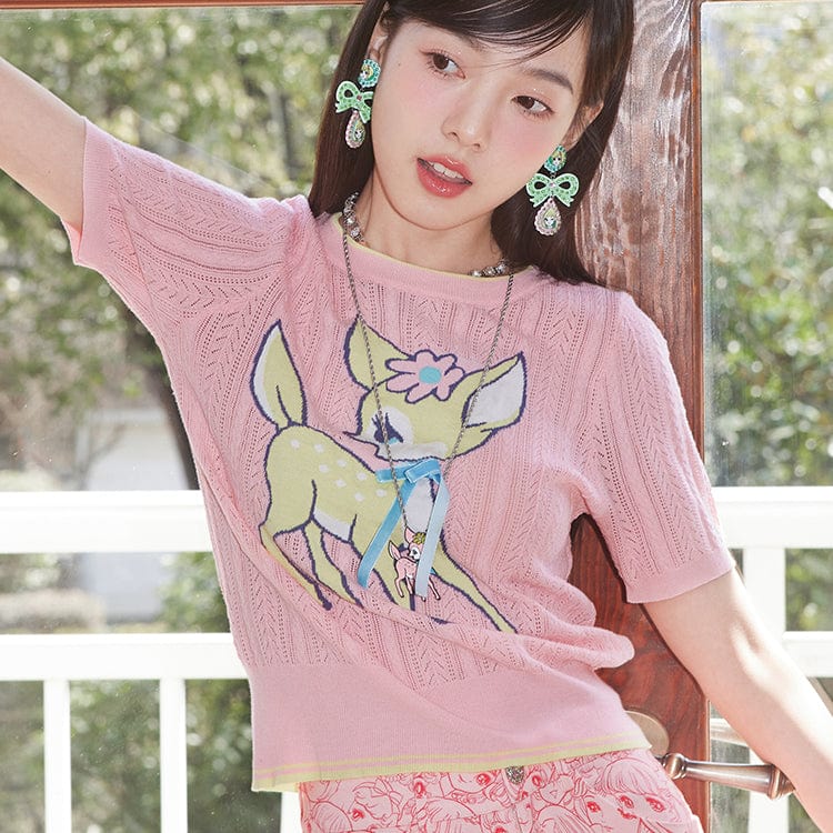 Pink Kawaii Women's Pink Kawaii Cutout Bear Knitted Shirt