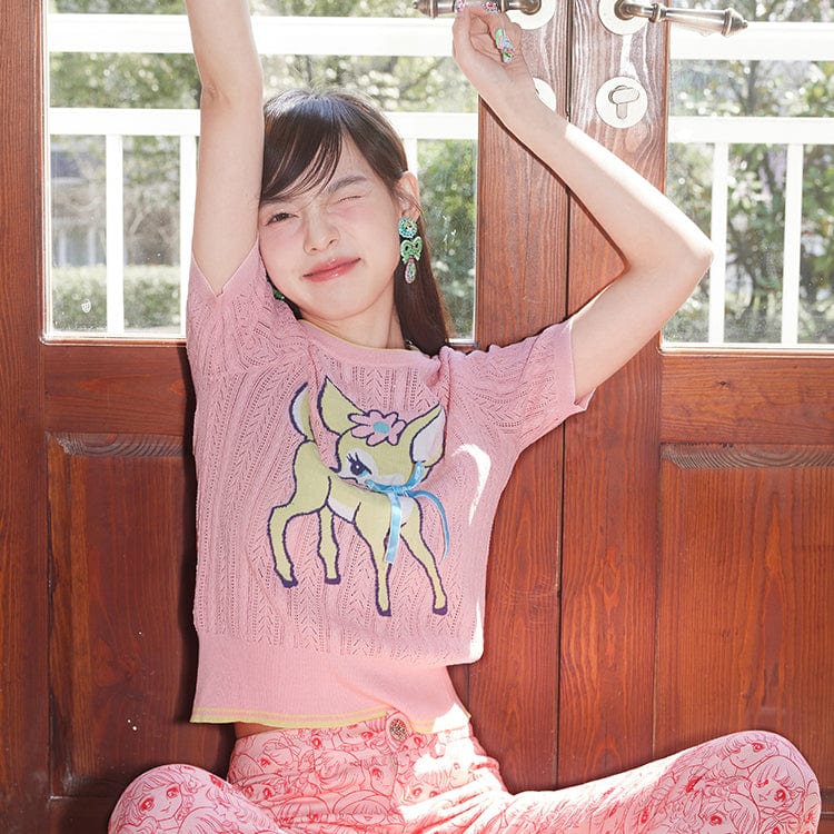 Pink Kawaii Women's Pink Kawaii Cutout Bear Knitted Shirt