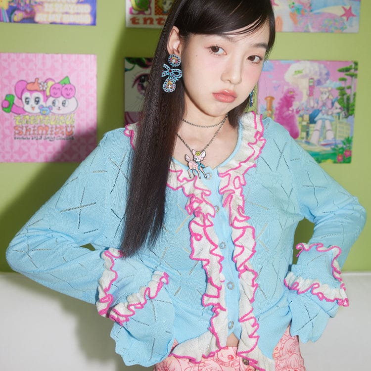 Pink Kawaii Women's Pink Kawaii Cutout Colorful Frill Splice Shirt