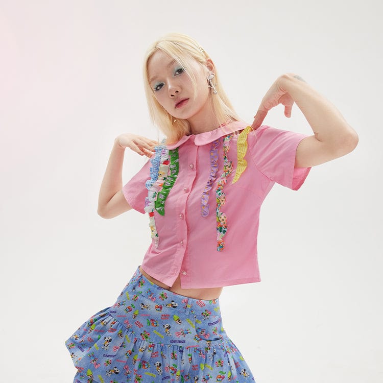 Pink Kawaii Women's Pink Kawaii Doll Collar Colorful Frill Splice Shirt