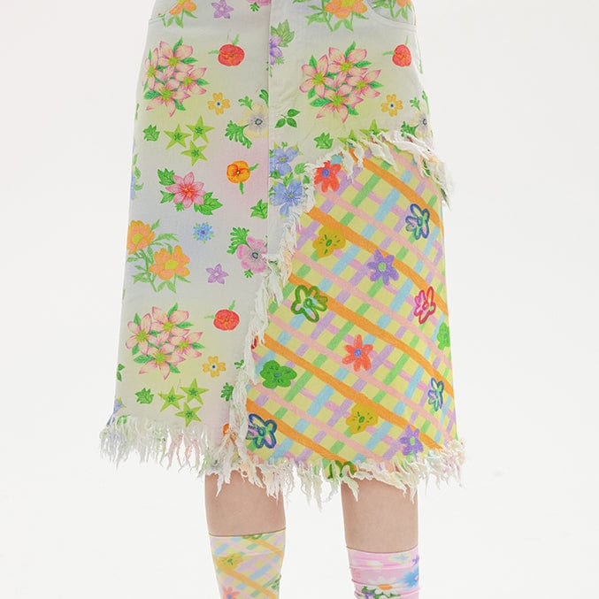 Pink Kawaii Women's Pink Kawaii Floral Printed Splice Plaid Unedged Skirt