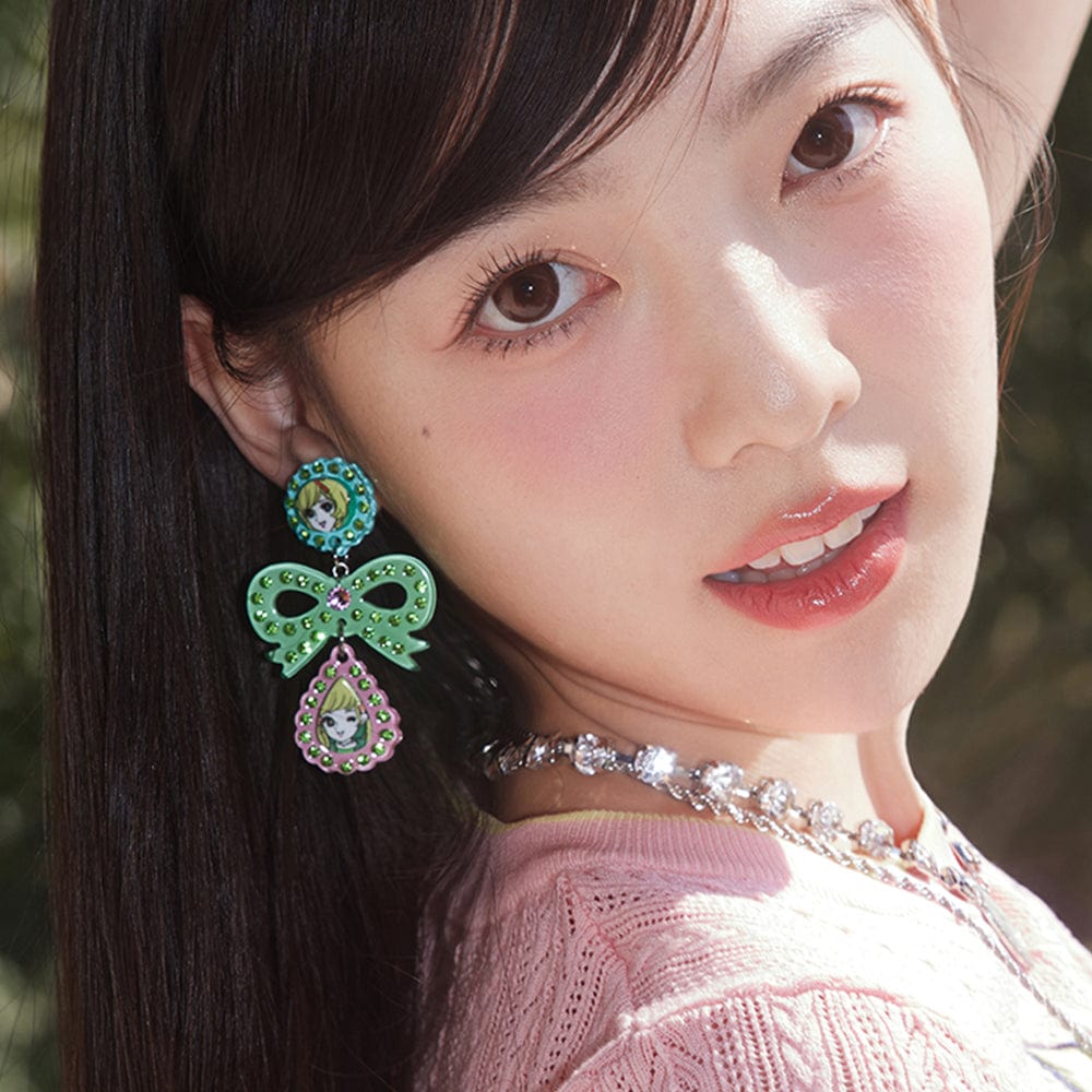 Pink Kawaii Women's Pink Kawaii Girl Bowknot Rhinestone Earrings