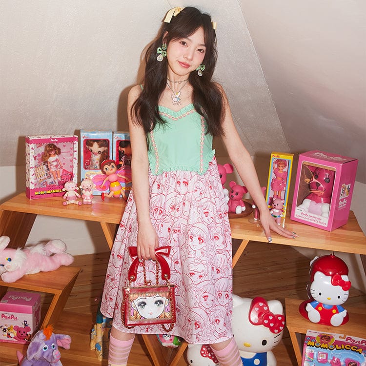 Pink Kawaii Women's Pink Kawaii Girl Printed Ruffled Slip Dress