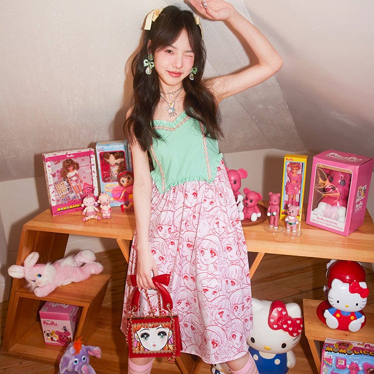 Pink Kawaii Women's Pink Kawaii Girl Printed Ruffled Slip Dress
