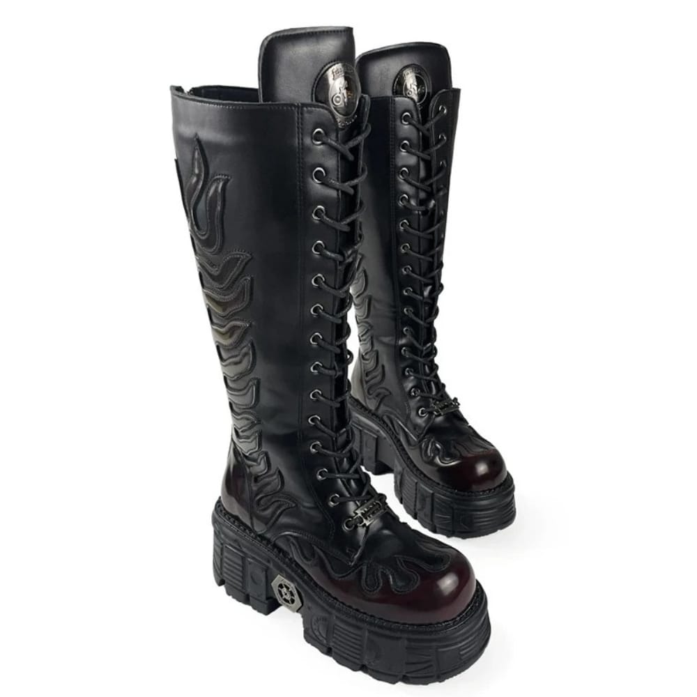 Punk Design Men's Punk Flame Applique Lace-up Round‑Toe Platform Chunky Sole Motorcycle Boot