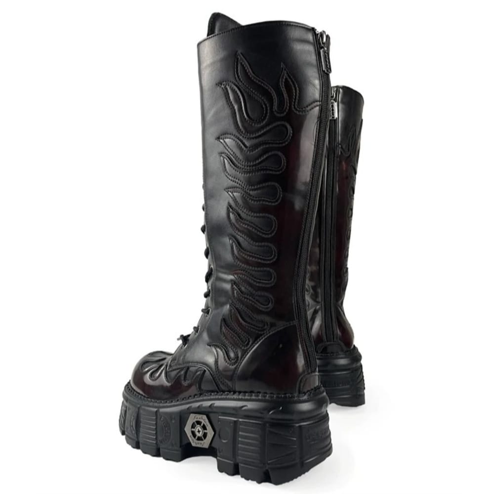 Punk Design Men's Punk Flame Applique Lace-up Round‑Toe Platform Chunky Sole Motorcycle Boot
