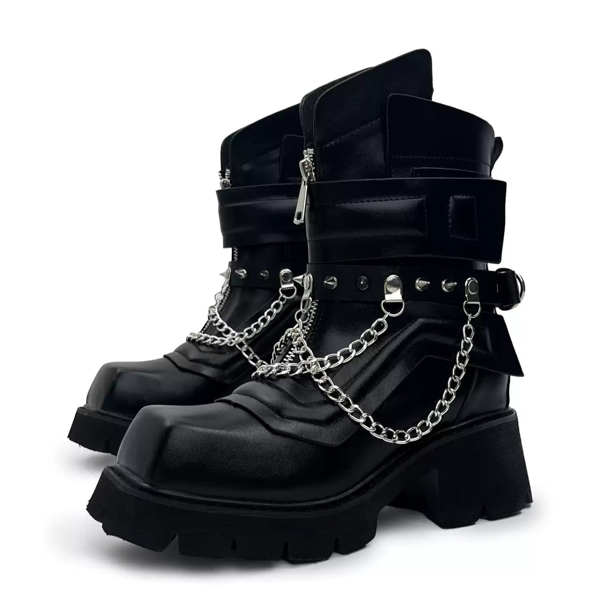 Punk Design Men's Punk Spiked Chained Buckle Strap Square‑Toe Platform Block Heel Boots
