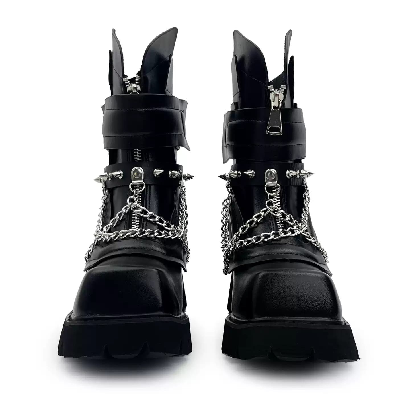 Punk Design Men's Punk Spiked Chained Buckle Strap Square‑Toe Platform Block Heel Boots