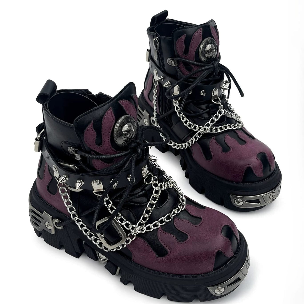 Punk Design Men's Punk Spiked Chained Buckle Strap Two‑Tone Platform Chunky Sole Shoes