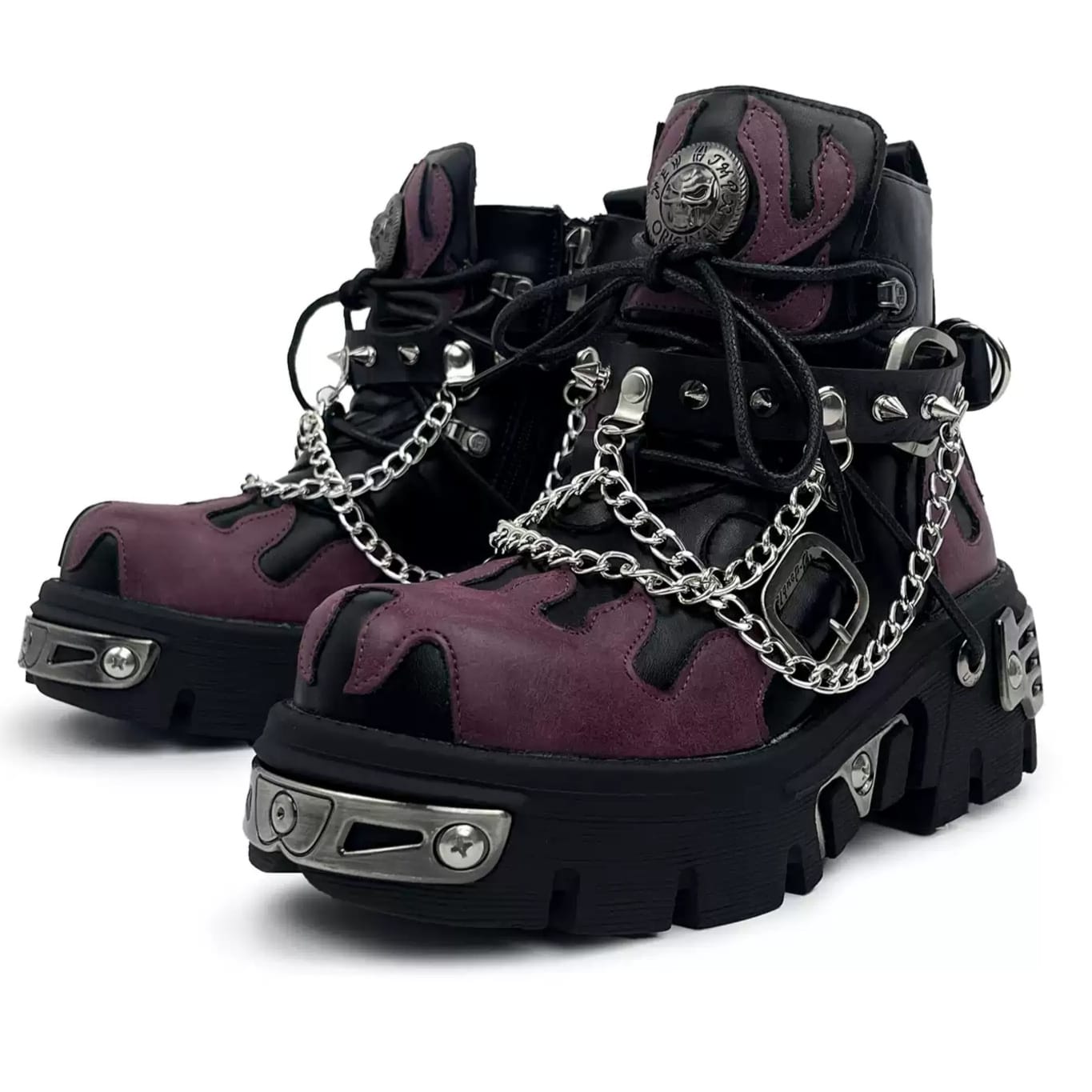 Punk Design Men's Punk Spiked Chained Buckle Strap Two‑Tone Platform Chunky Sole Shoes