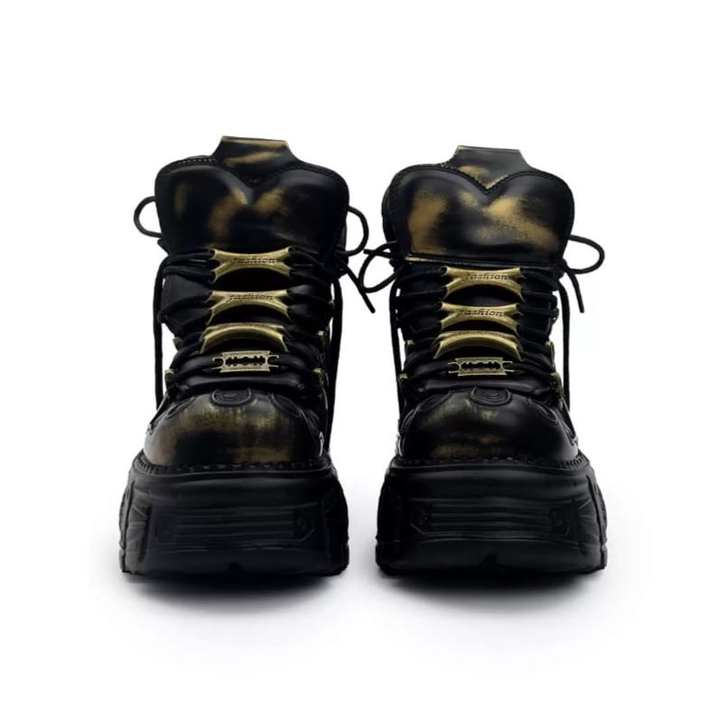Punk Design Men's Punk Two‑Tone Lace-up Round‑Toe Platform Chunky Sole Shoes