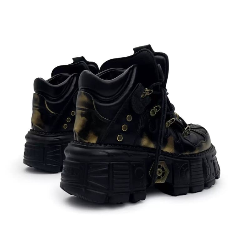 Punk Design Men's Punk Two‑Tone Lace-up Round‑Toe Platform Chunky Sole Shoes